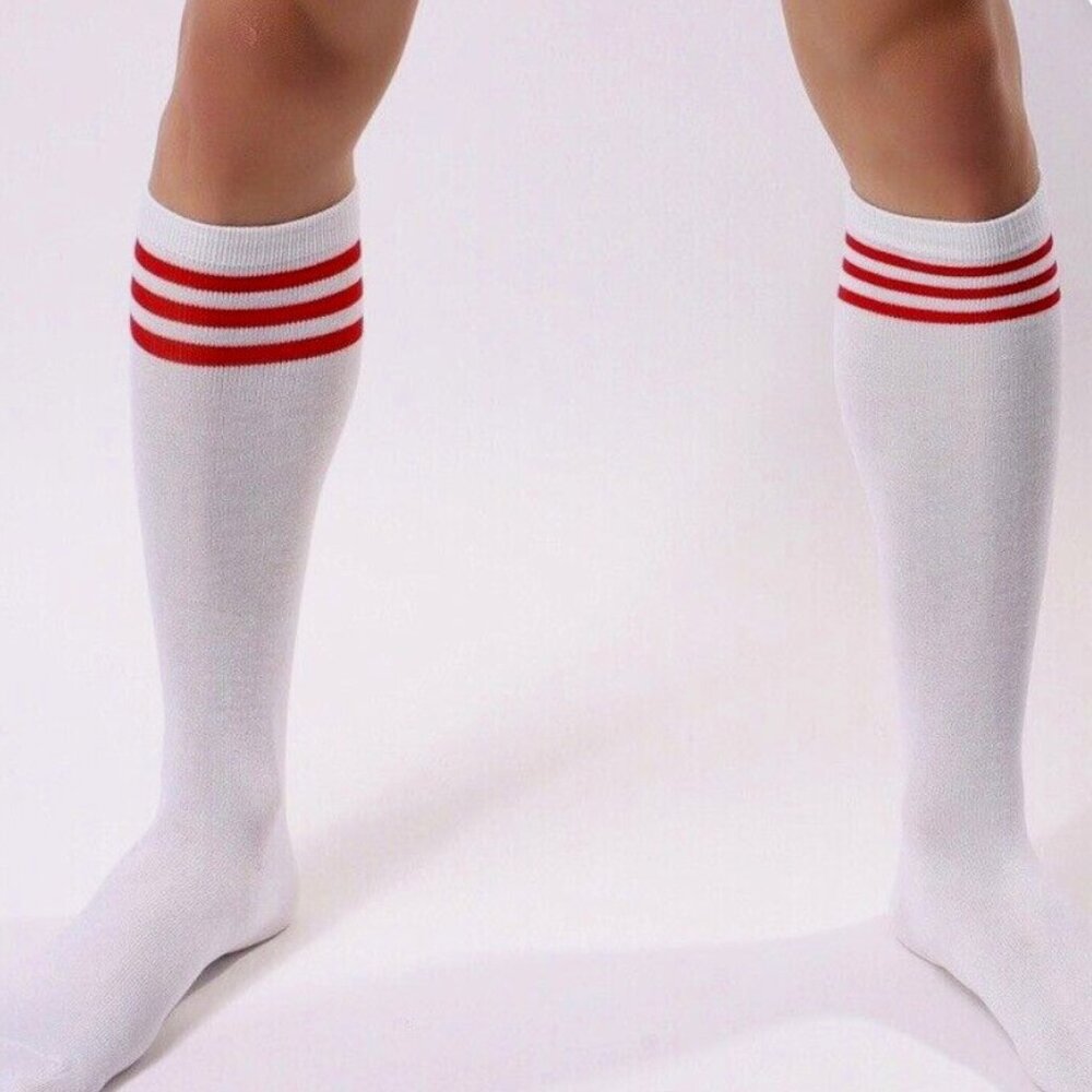 Men's Socks 80's Old School Classic White Red Striped Mid Calf Athletic Socks